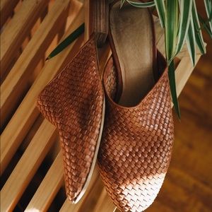 leather woven mules with wood heel